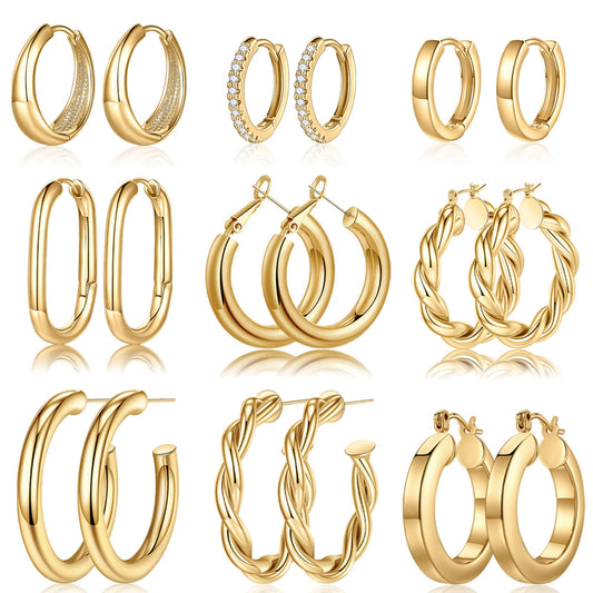 Yesteel 9 Pairs Gold Hoop Earrings for Women, 925 Sterling Silver Post 14K Real Gold Plated Chunky Hoop Earrings Set ...