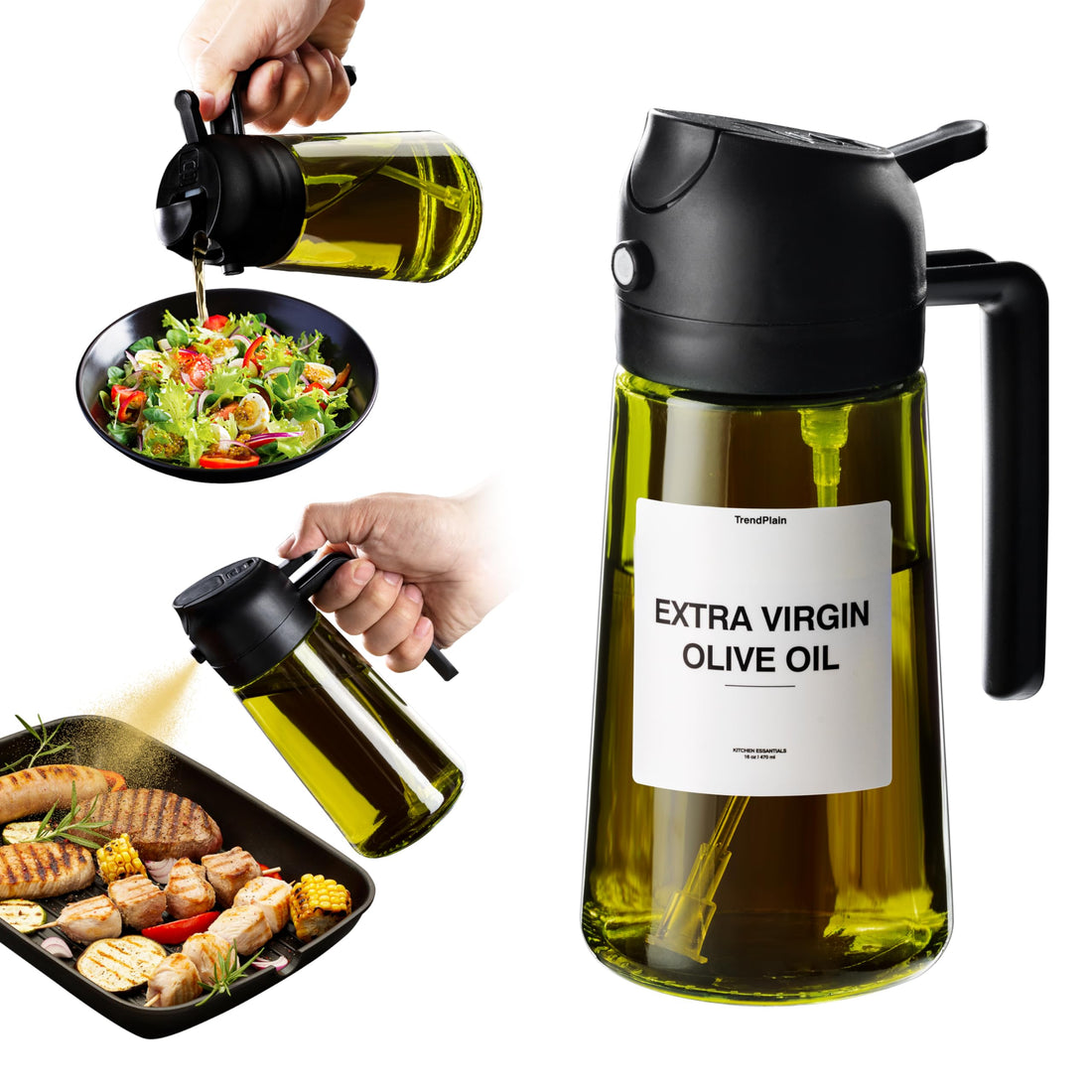 TrendPlain 16oz Olive Oil Dispenser for Kitchen - 2 in 1 Olive Oil Dispenser and Oil Sprayer - Olive Oil Dispenser ...