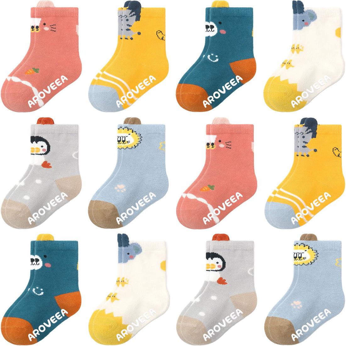 Non-slip baby socks for kids, 12 pack, various sizes included.