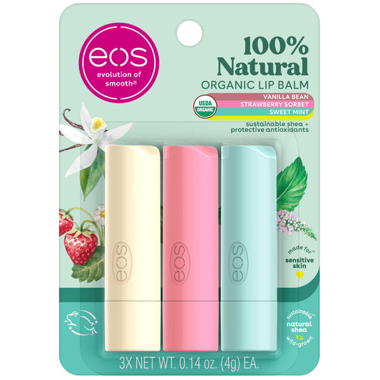 All-Natural Lip Balm Trio for Sensitive Skin: Vanilla, Mint, Strawberry.