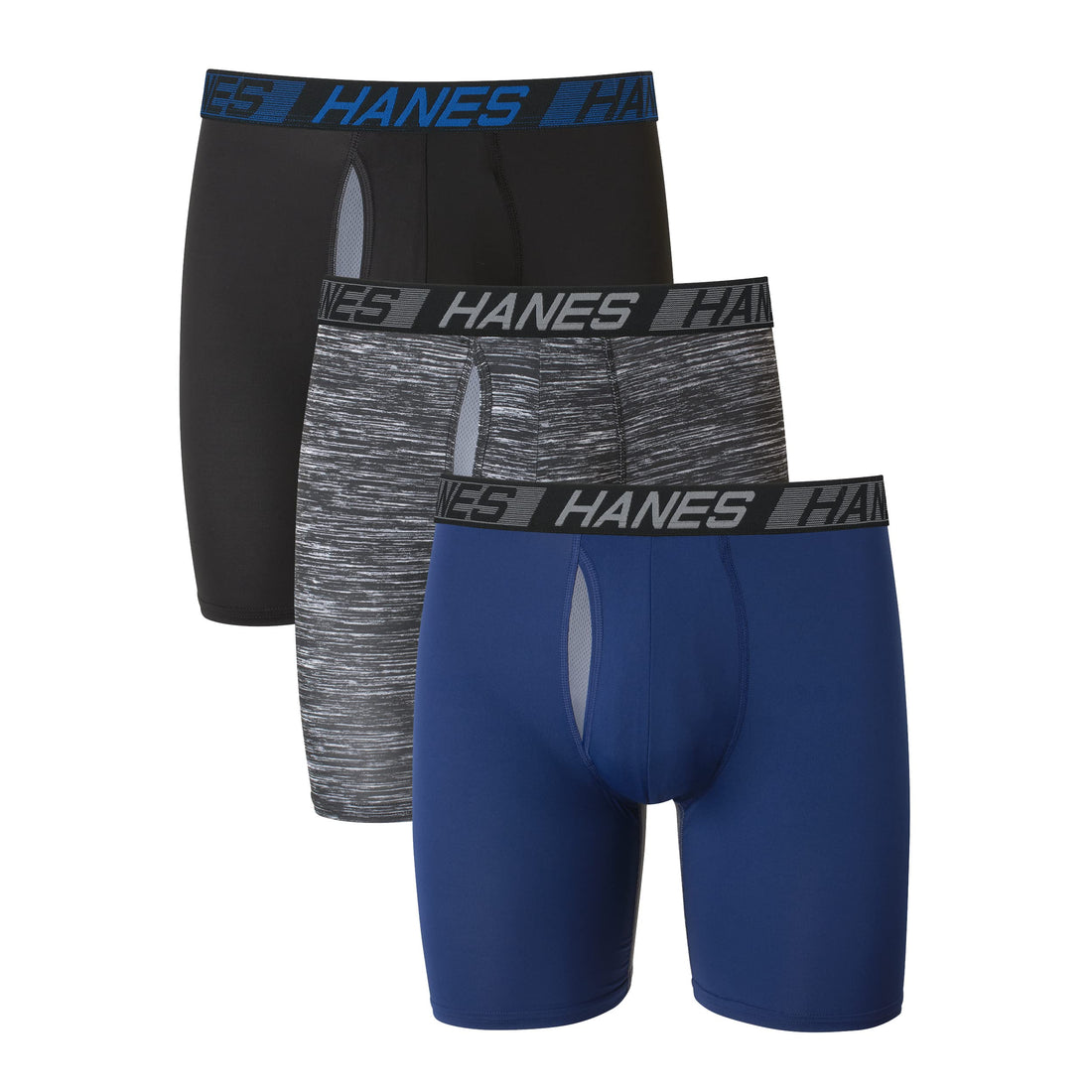 Hanes X-Temp Cooling Blacks Boxer Briefs, 3-Piece Reg → Medium → Large Package.