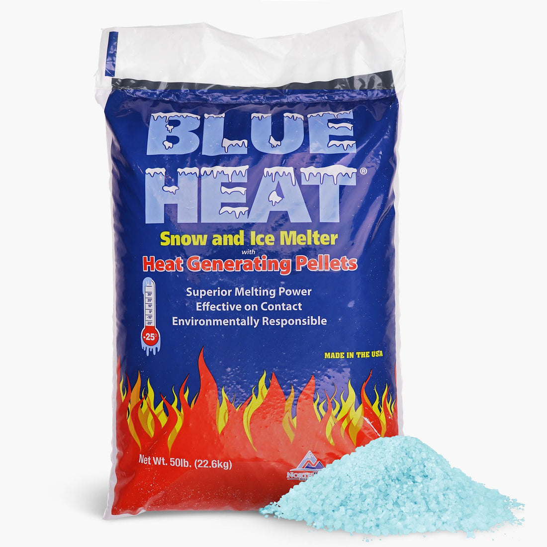 Large 50 lb Blue Ice Melt Pellets for Driveway Winter Maintenance.