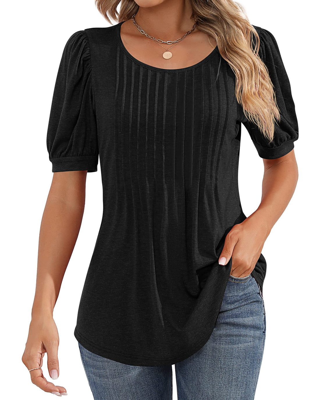 Ficerd Women's Puff Short Sleeve Tunic Tops Pleated Crew Neck Summer Blouses Dressy Casual Loose T ...