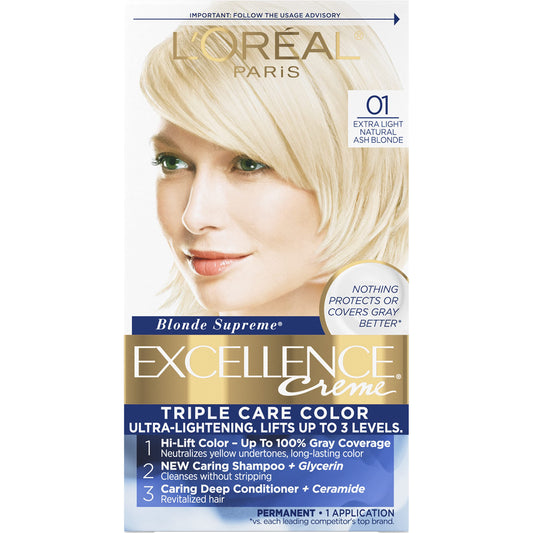 L'Oreal Paris Excellence Creme Permanent Triple Care Hair Color, 01 Extra Light Ash Blonde, Gray ...