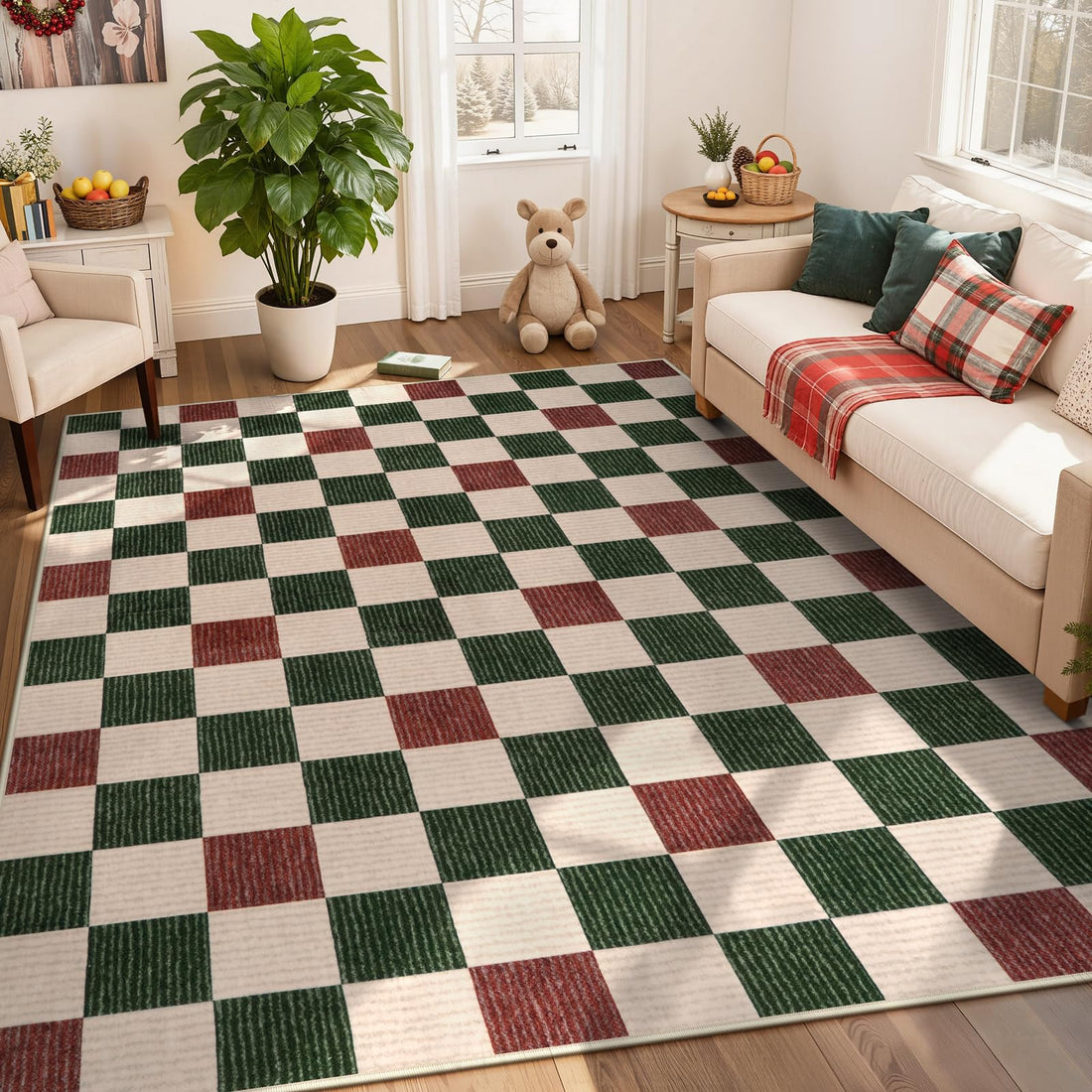LIVEBOX Checkered Area Rugs for Living Room - Neutral Classic Geometric Pattern Rugs