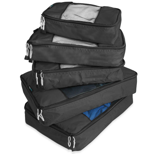 TravelWise Luggage Packing Organization Cubes 5 Pack, Black, 2 Small, 2 Medium, 1 Large.