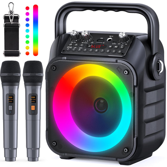 Karaoke Machine, Portable Bluetooth Speaker with 2 Wireless Microphones for Adults ⁘ Kids with Lights, Karaoke ...