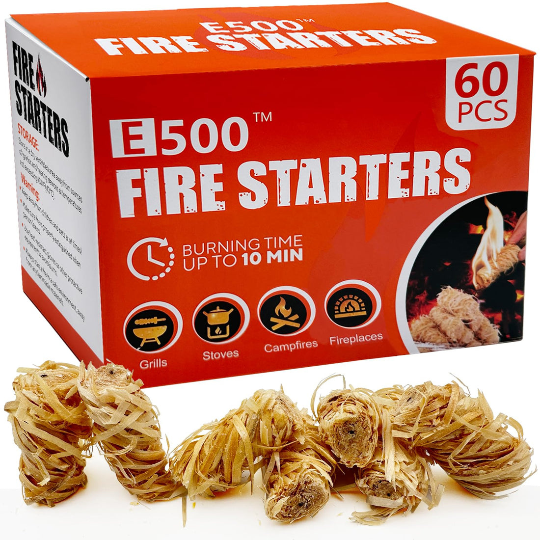 E500 Fire Starter - 60 PCS Natural Fireplaces Fire Starter for Campfires, Camping, BBQ, Fire Pit ⁘ Wood Fireplace - ...