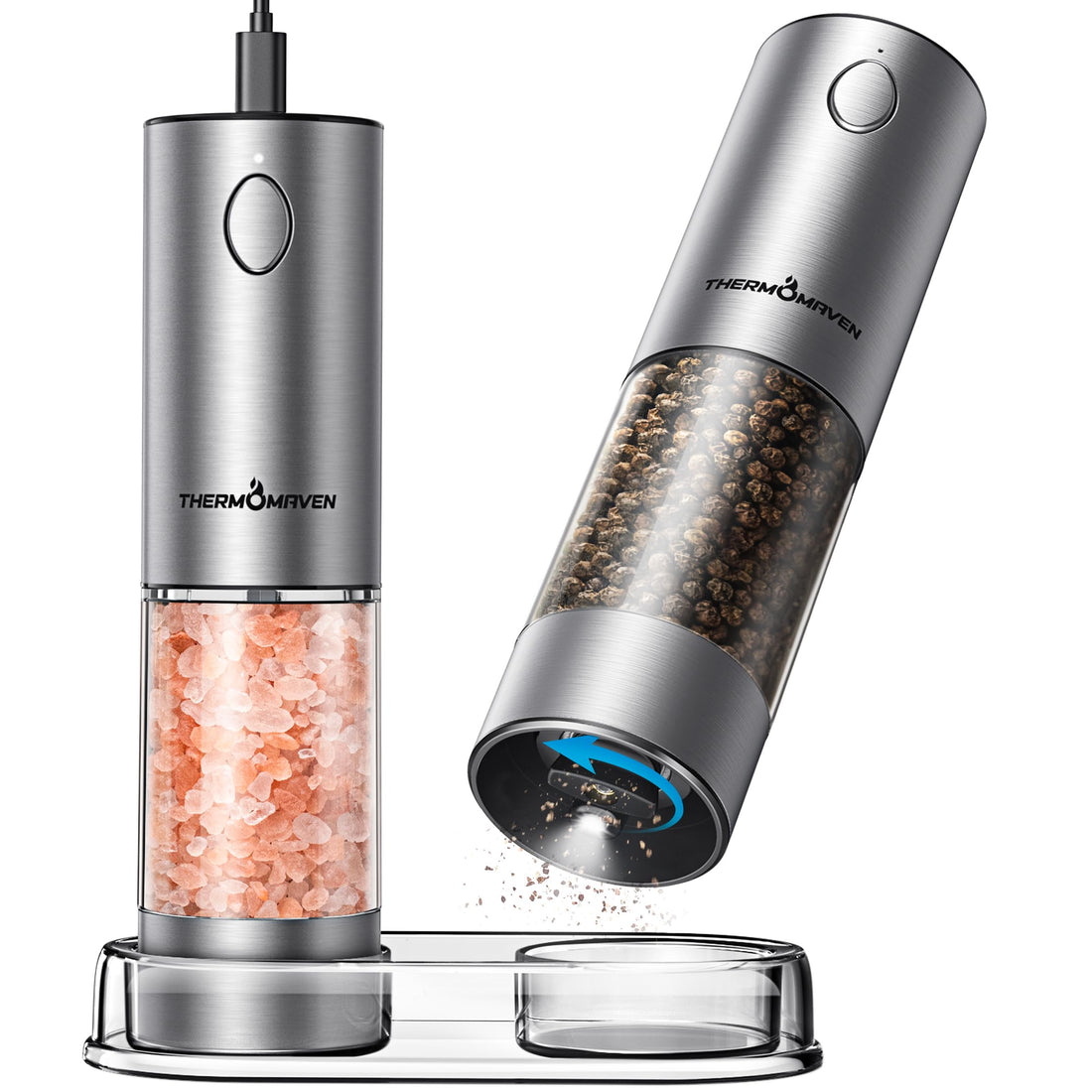 Automatic Electric Salt and Pepper Grinder Set with Rechargeable Feature.