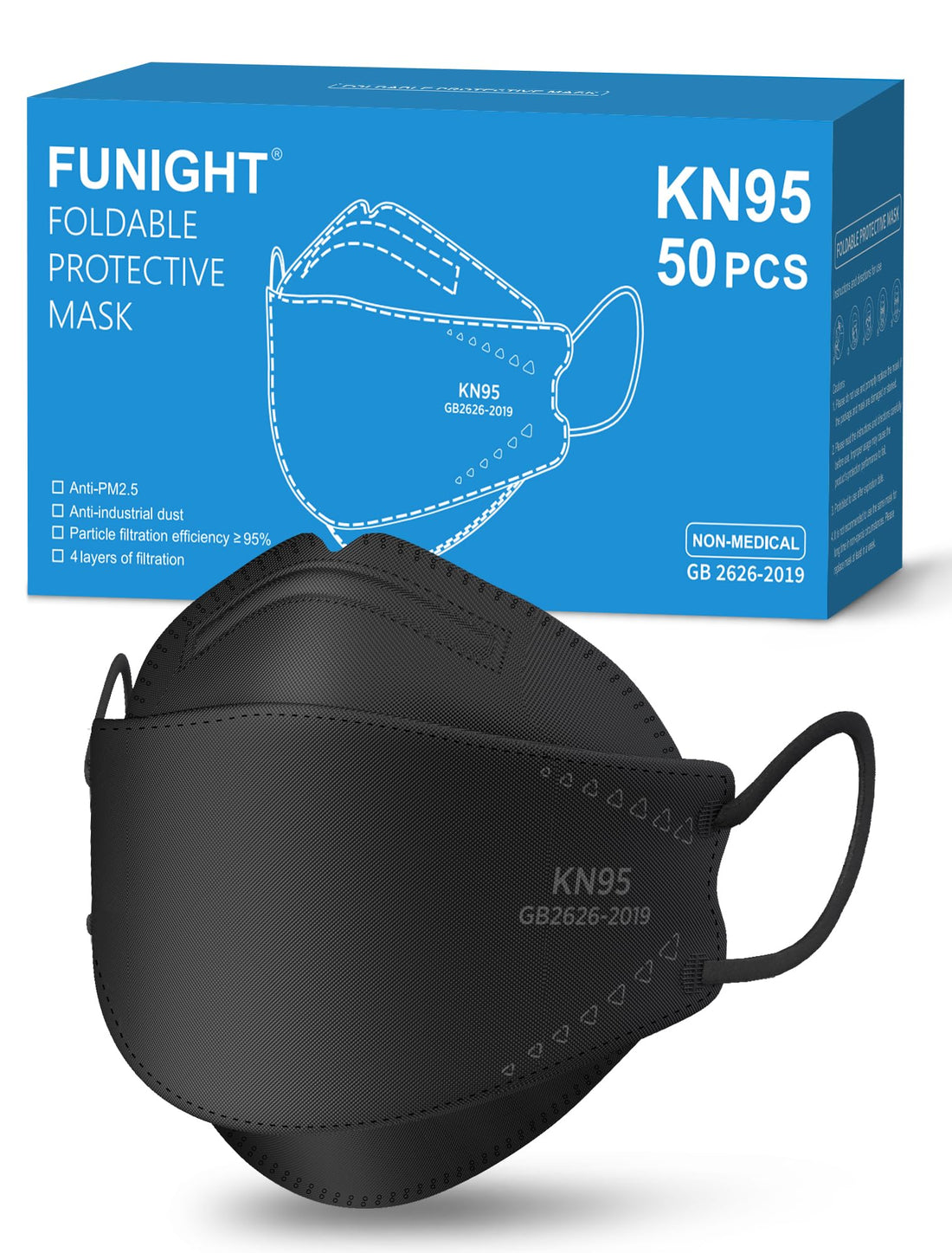 Breathable KN95 Masks for Adults, 50 Pack with Elastic Ear Loop.