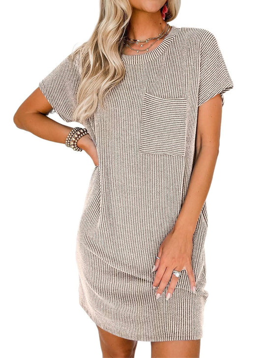 Acelitt Womens Casual Summer Crewneck Short Sleeve Ribbed Mini Tshirt Dress, XS-3XL.