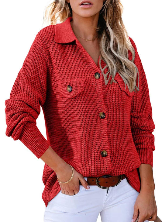 Astylish Women 2024 Waffle Knit Shacket Jacket Casual Long Sleeve Sweater Button Down Shirts Dressy Blouse ...