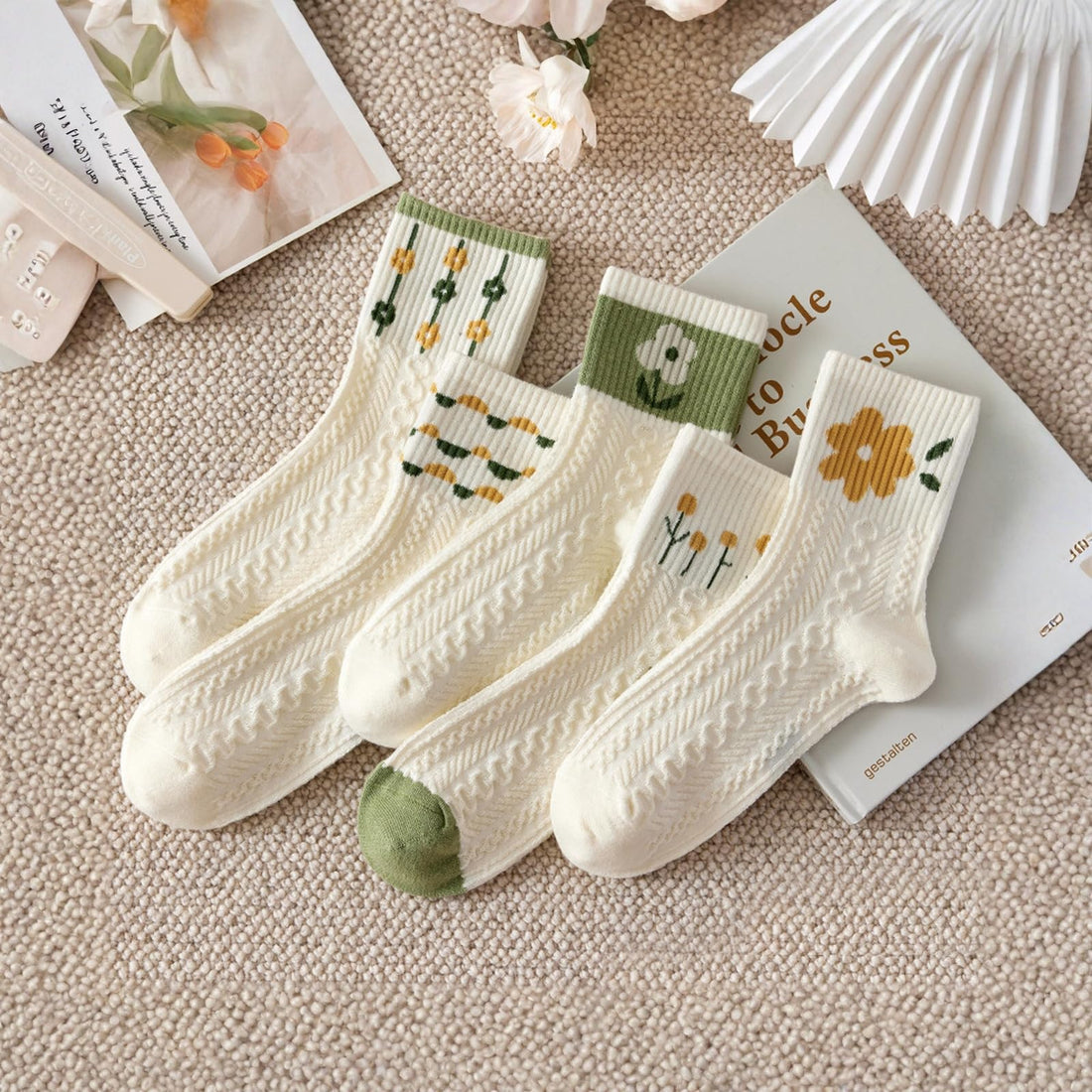 Cute Floral Ankle Socks for Women - 5 Pairs of Breathable Cable Knit Crew Socks