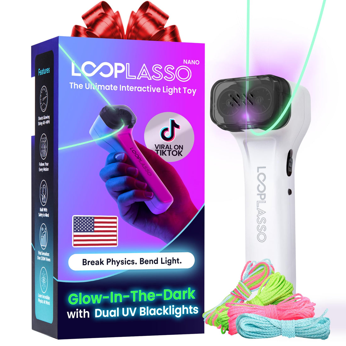 Loop Lasso® Nano - The Original Glow-in-The-Dark String Shooter Toy - Built-in UV Blacklight - Saf...