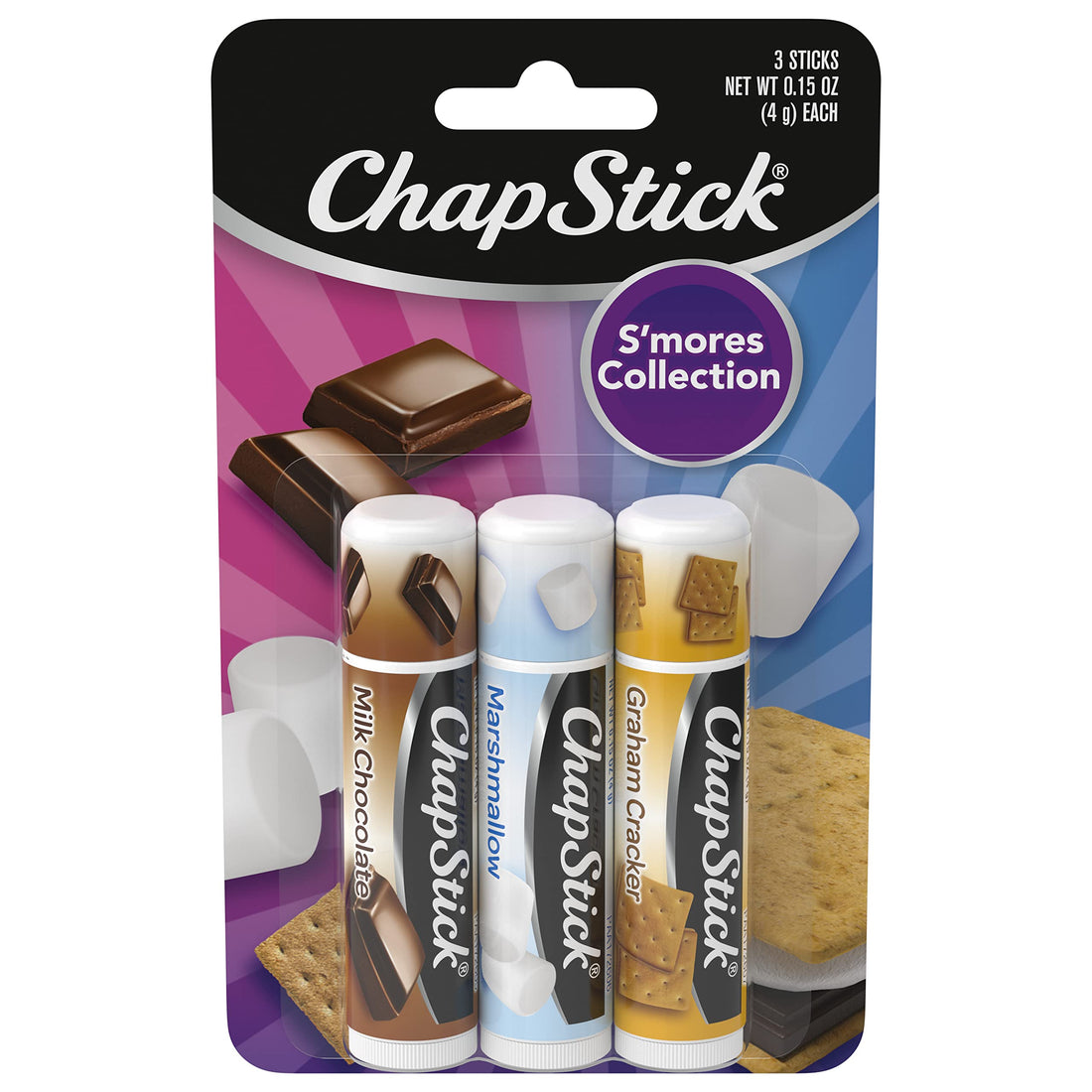 Variety pack of 3 ChapStick lip balms in different flavors.