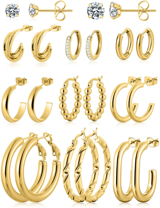 11 Pairs Women's Gold Hoop Earrings Set 18K Thick Gold Plated Twisted Hoop Earrings Women Gift Lightweight ...