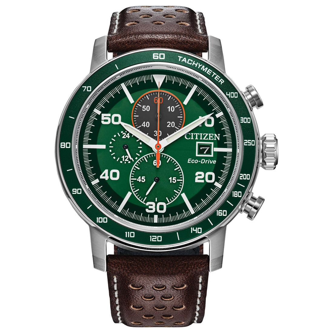 Citizen Men's Eco-Drive Weekender Brycen Chronograph Watch in Stainless Steel, Brown Preforated Leather Strap, Green ...