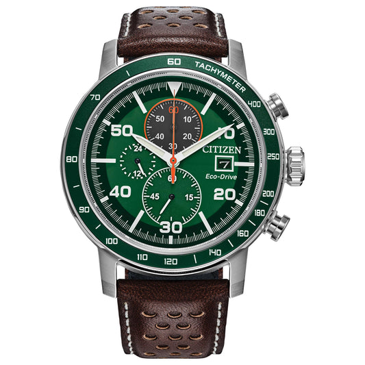 Citizen Men's Eco-Drive Weekender Brycen Chronograph Watch in Stainless Steel, Brown Preforated Leather Strap, Green ...