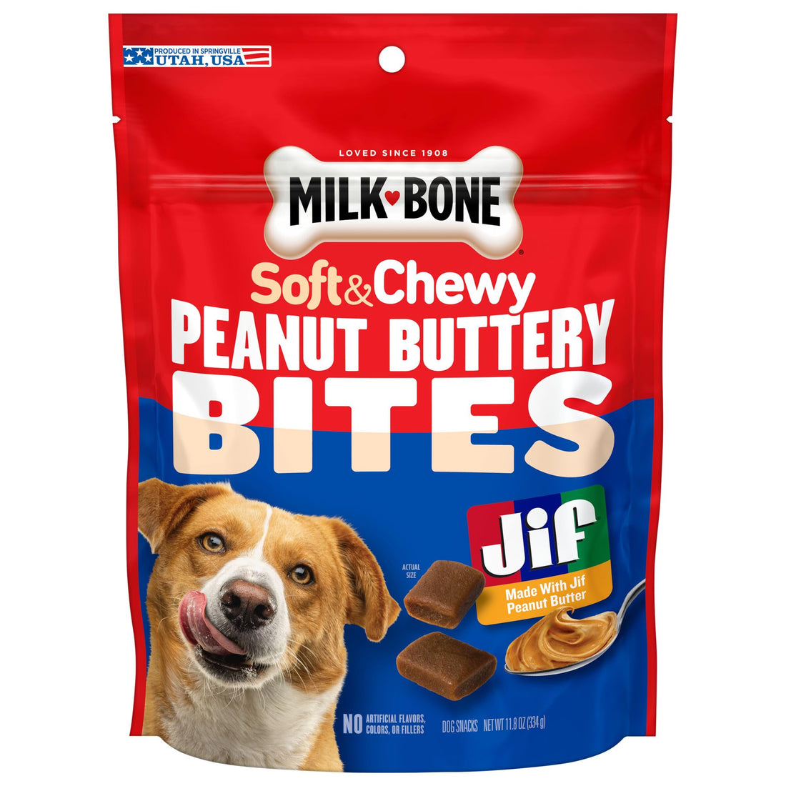 Soft, Peanut Butter Filled Dog Treats in a 11. 8 Ounce Bag.