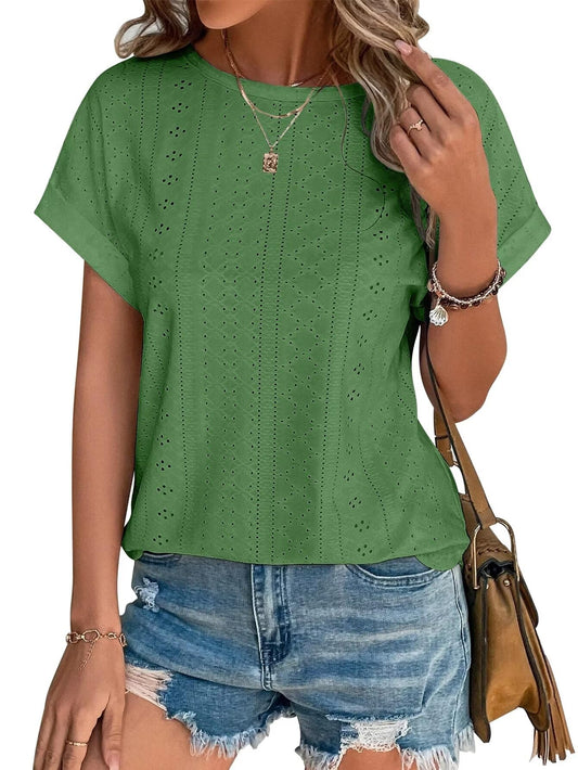 Bliwov Womens Tops 2024 Casual Eyelet Embroidery Summer Blouse Cap Sleeve Loose Trendy T Shirts.