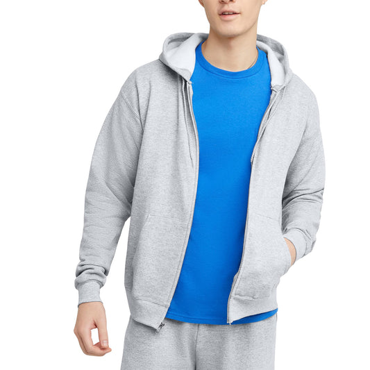 Comfortable eco-friendly men's fleece hoodie with zip-up hood.