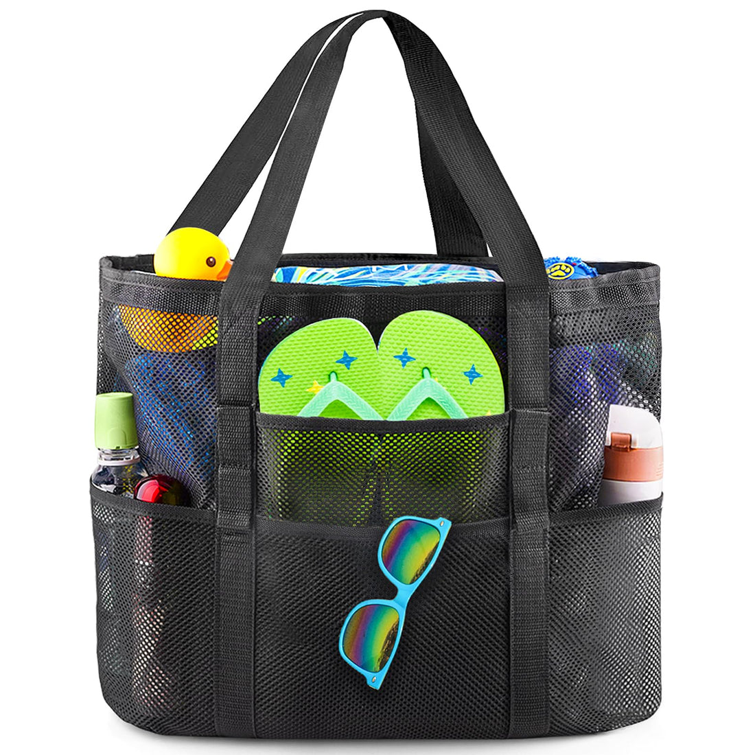 Large Mesh Beach Bag with Multiple Pockets and Foldable Design