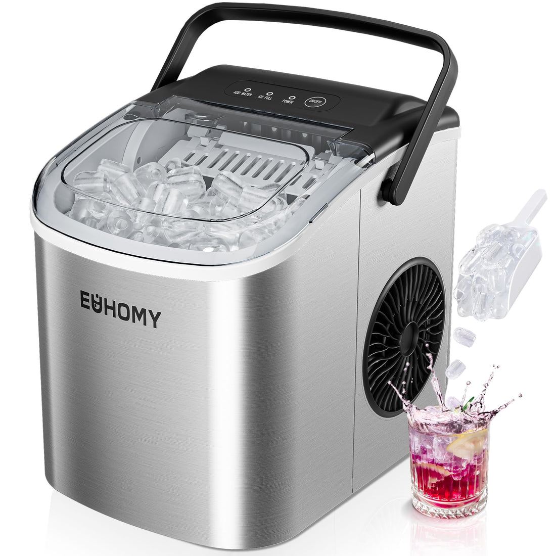 EUHOMY Countertop Ice Maker Machine with Handle, 26lbs Per Day, 9 Ice Cubes Ready in 6 Mins, ...