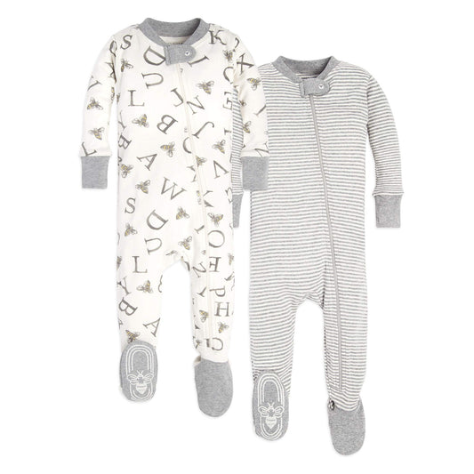 Soft Organic Cotton Boys' Zip-Front Sleepers with Non-Slip Feet Features.