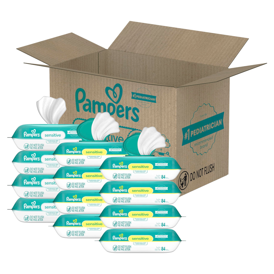 Pampers Sensitive Baby Wipes, Water Based, Hypoallergenic and Unscented, 8 Flip-Top Packs, 4 Refil...