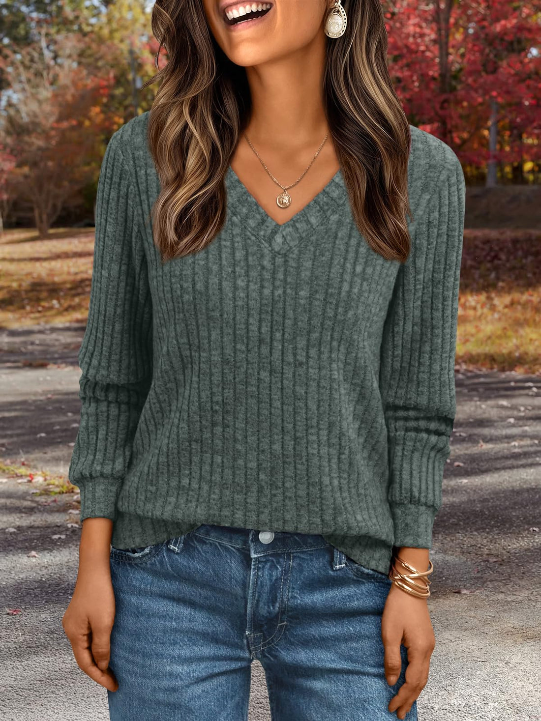 Green V Neck Long Sleeve Shirts for Women
