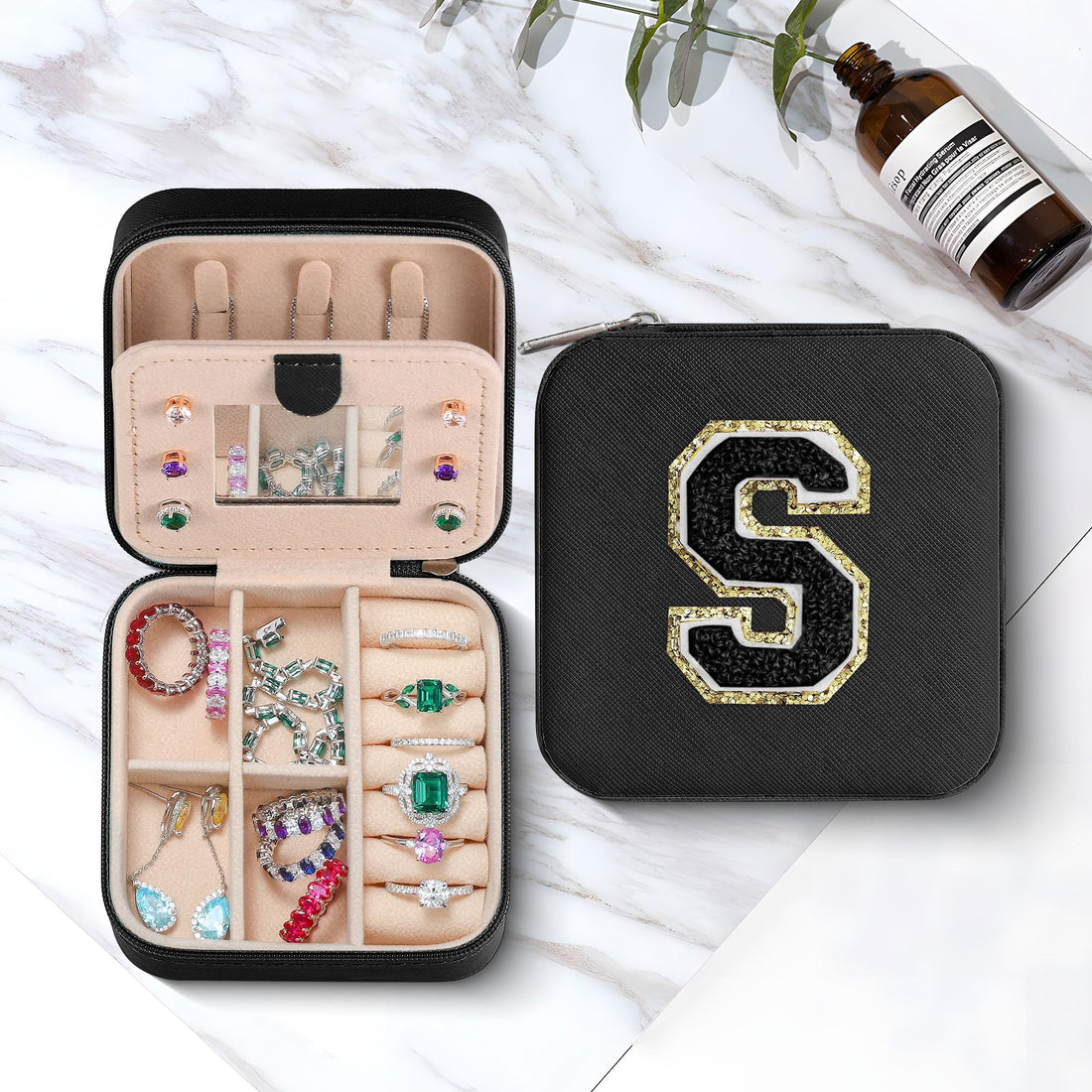 Portable Jewelry Storage Boxes for Women Initials Engraved Travel Jewelry Case Organizer.