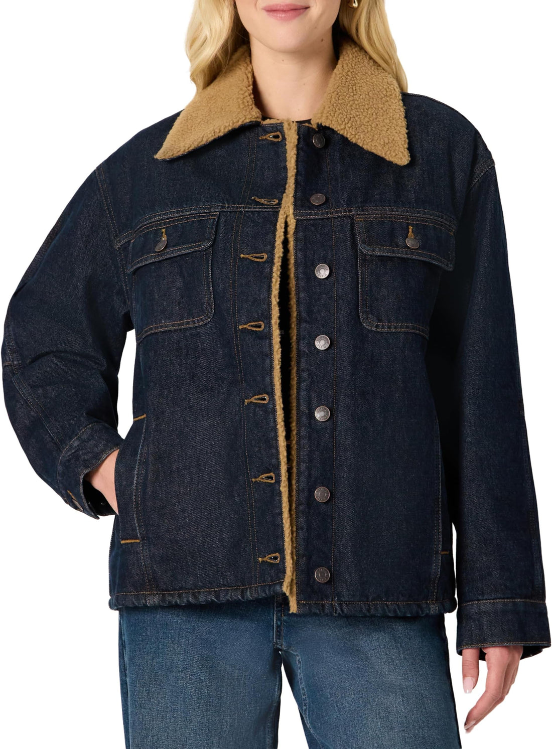 Amazon Essentials Women's Oversized-Fit Faux-Shearling Lined Denim Jacket