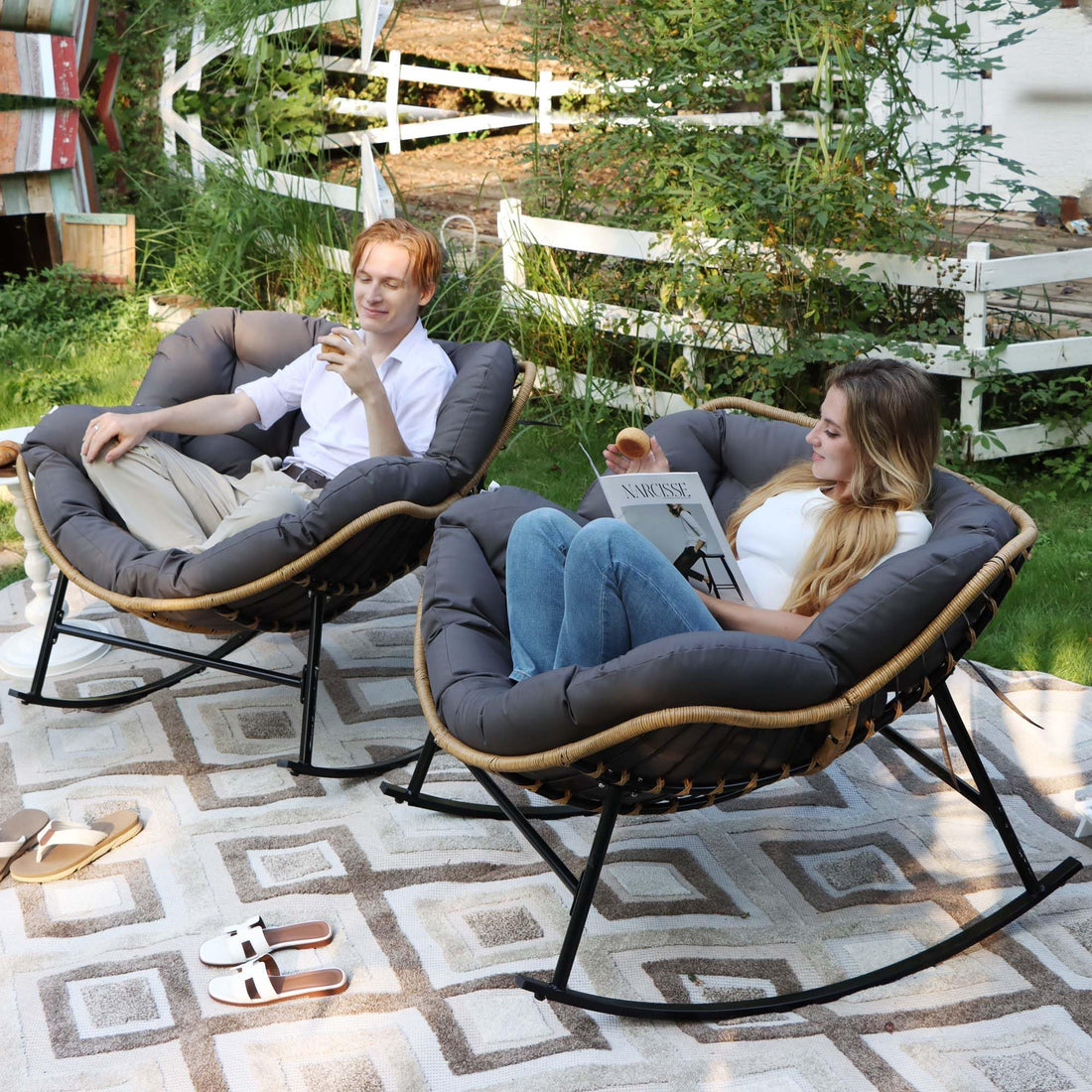 Outdoor Rocking Chair with Cushion - Oversized Patio Papasan Egg Chair