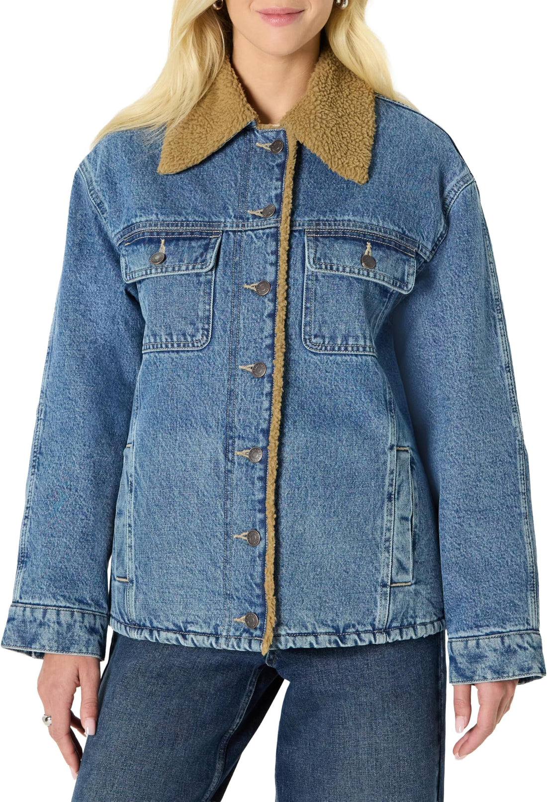 Amazon Essentials Women's Oversized-Fit Faux-Shearling Lined Denim Jacket