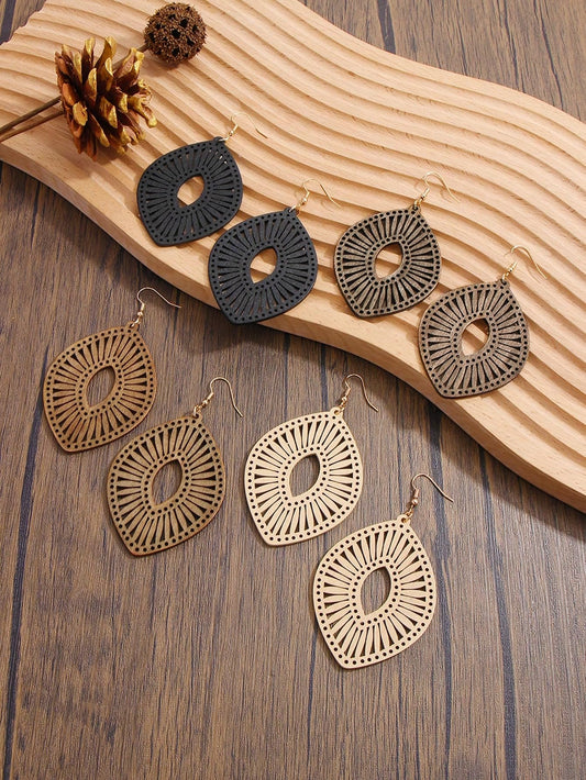 Bohemian Wooden Earrings Set for Women with Hollow Details Design.