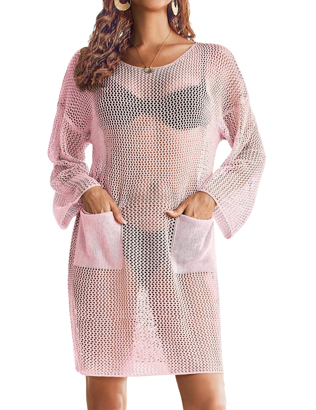 Light Pink Crochet Swim Cover Up Beach Dress with Pockets