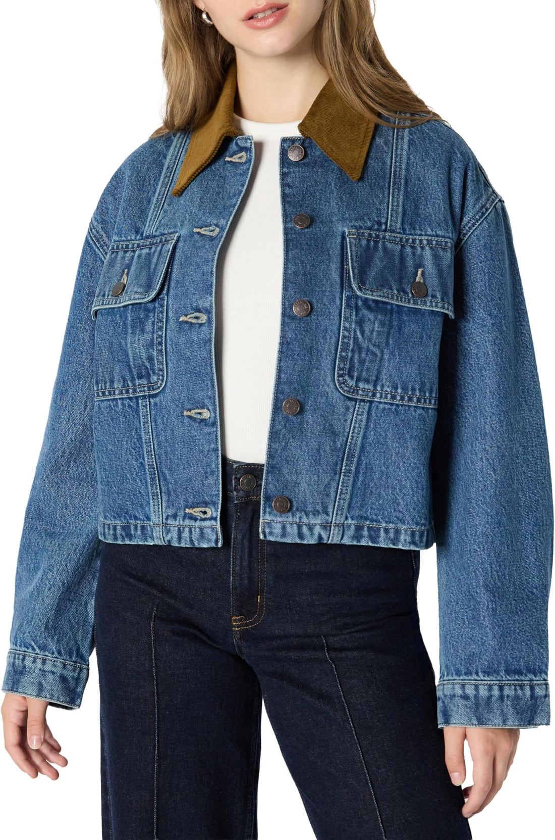 Amazon Essentials Women's Oversized-Fit Cropped Denim Jacket with Contrast Collar