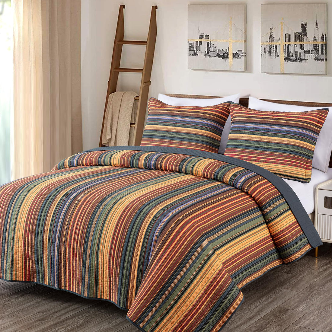 Multi-Color Striped Cotton Quilt Set