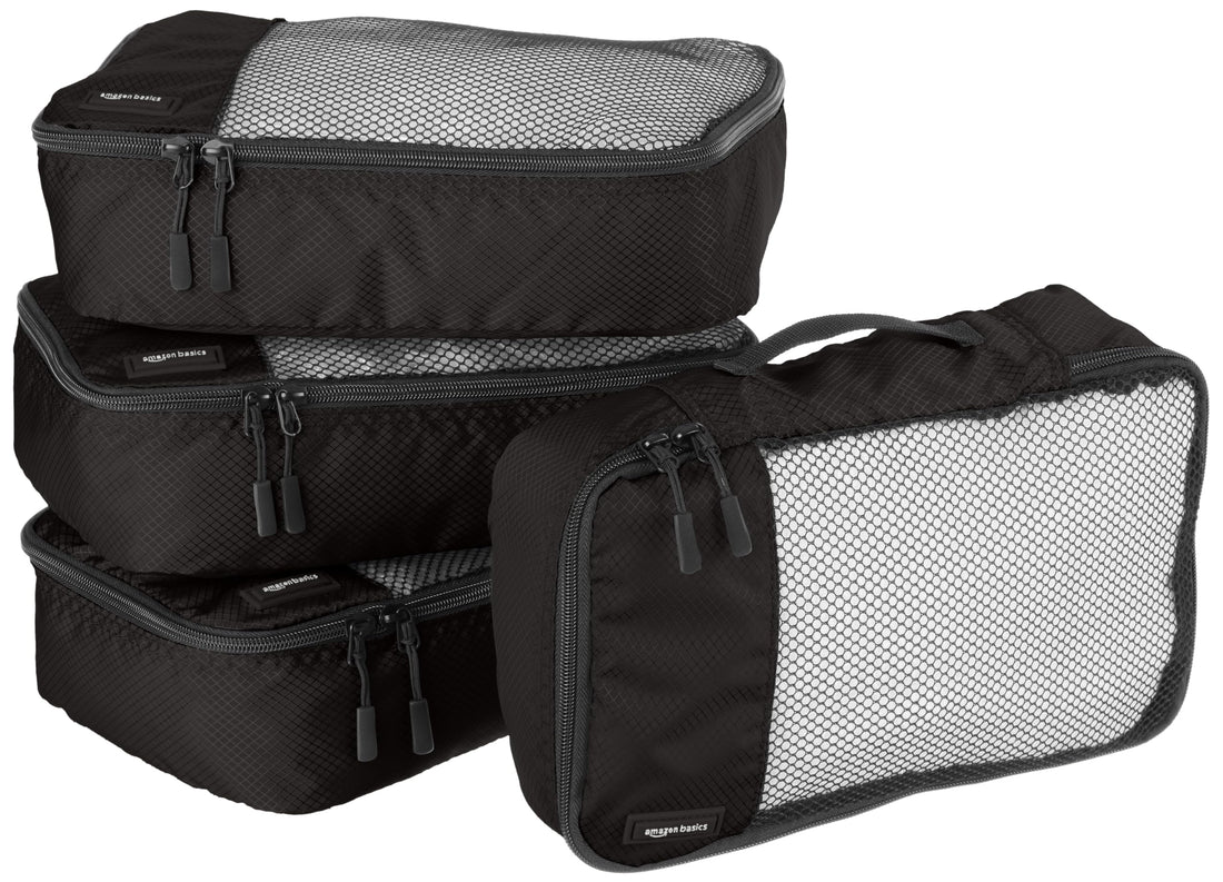 Amazon Basics 4 Piece Packing Travel Organizer Zipper Cubes Set, Small, Black.