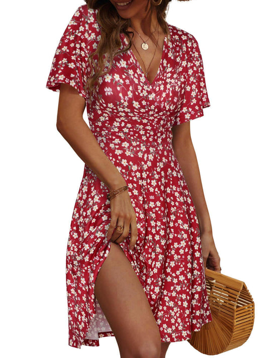 FENSACE Sundress Short Sleeve Floral Wrap Midi Dress.